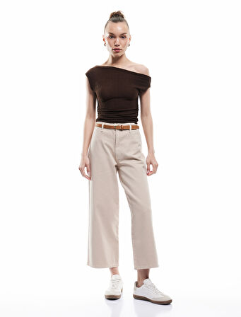 Düğmeli Kesik Geniş Paça Kemerli Pantolon - Wide Leg Jeans