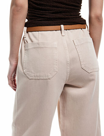 Düğmeli Kesik Geniş Paça Kemerli Pantolon - Wide Leg Jeans