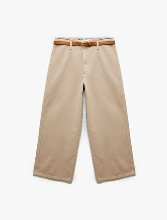 Düğmeli Kesik Geniş Paça Kemerli Pantolon - Wide Leg Jeans