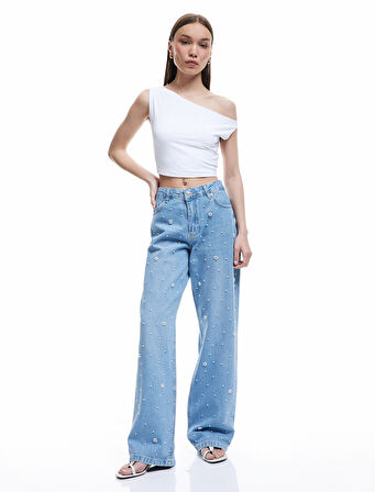 Normal Bel Düğmeli Taş Detaylı Jean Pantolon - Straight Fit Jean