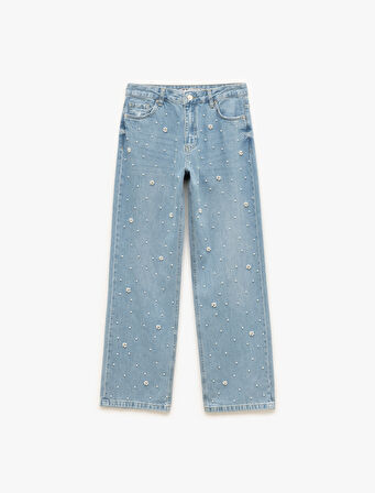 Normal Bel Düğmeli Taş Detaylı Jean Pantolon - Straight Fit Jean