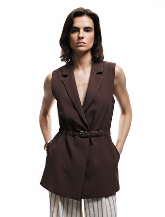 Astarlı Kruvaze Kolsuz Kemerli Uzun Yelek