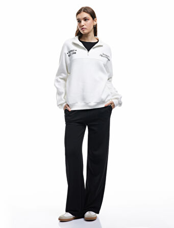 Şardonlu Uzun Kollu Arkası Baskılı Yarım Fermuarlı Sweatshirt