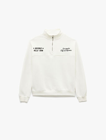 Şardonlu Uzun Kollu Arkası Baskılı Yarım Fermuarlı Sweatshirt