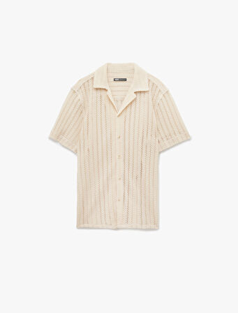 Devrik Yaka Pamuklu Regular Fit Ajurlu Kısa Kollu Gömlek