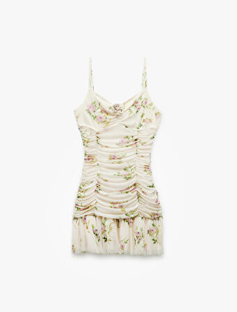 Slim Fit Drapeli İnce Askılı Mini Çiçekli Elbise