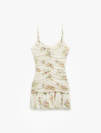 Slim Fit Drapeli İnce Askılı Mini Çiçekli Elbise