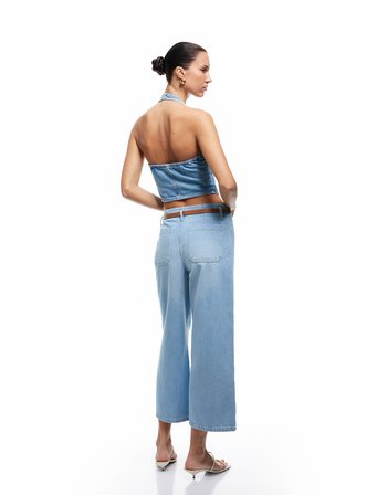Crop Geniş Paça Düğmeli Kemer Detaylı Jean Pantolon - Wide Leg Jeans