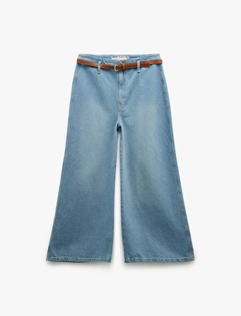 Crop Geniş Paça Düğmeli Kemer Detaylı Jean Pantolon - Wide Leg Jeans