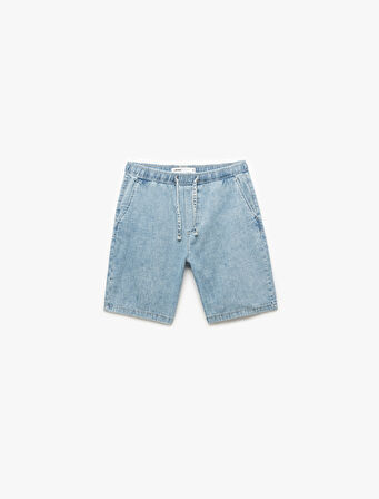 Pamuklu Bol Cep Detaylı Oversize Beli Bağcıklı Bermuda Jean Şort