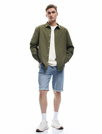 Düğmeli Pamuklu Katlamalı Paça Slim Fit Denim Şort