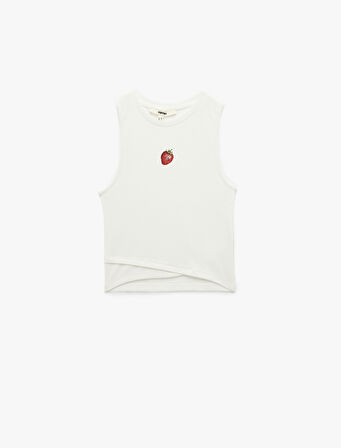 Kolsuz Bisiklet Yaka Çilek Baskılı Fitilli Crop Bluz