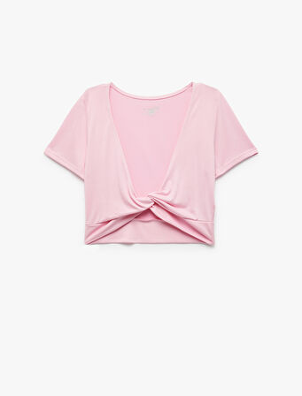 V Yaka Büzgü Detaylı Modal Karışımlı Crop Spor Tişört