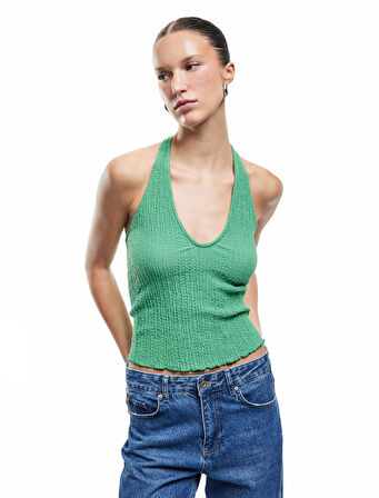 Bürümcük Kumaş Slim Fit Sırt Dekolteli Halter Yaka Üst