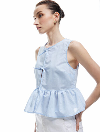 Pamuklu Kolsuz Önden Bağlama Detaylı Peplum Bluz