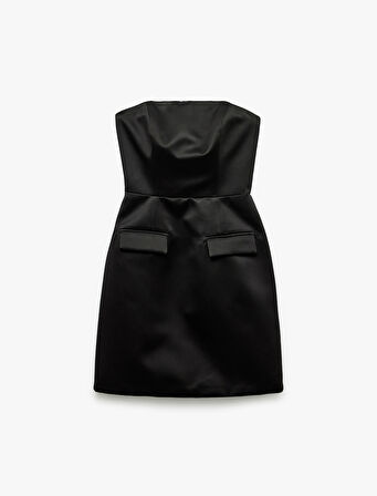 Straplez Yaka Cep Detaylı Saten Bodycon Kolsuz Dar Kesim Mini Abiye Elbise