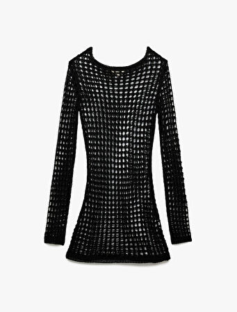Slim Fit Uzun Kollu Bisiklet Yaka Mini Kroşe File Plaj Elbisesi