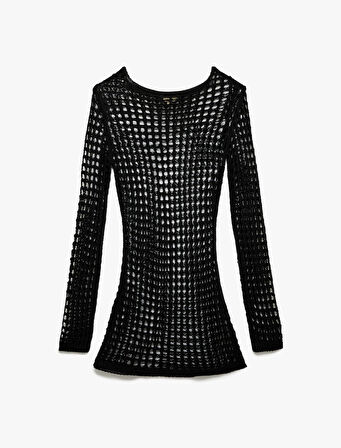 Slim Fit Uzun Kollu Bisiklet Yaka Mini Kroşe File Plaj Elbisesi