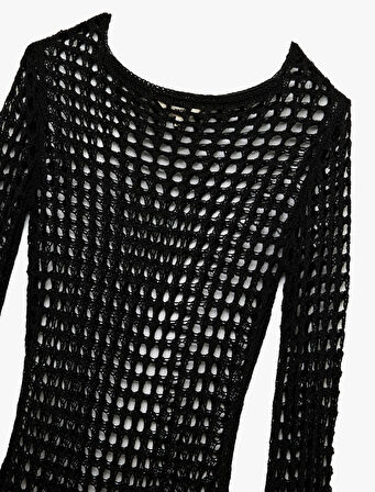 Slim Fit Uzun Kollu Bisiklet Yaka Mini Kroşe File Plaj Elbisesi