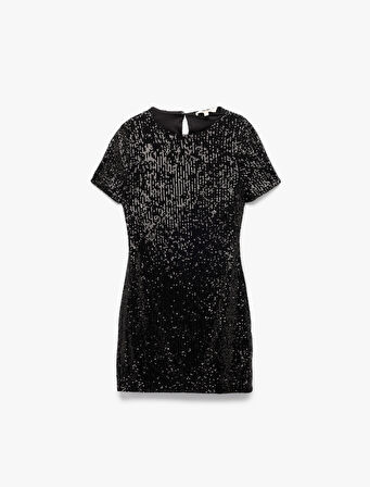 Kısa Kollu Bisiklet Yaka Slim Fit Pullu Payetli Mini Elbise