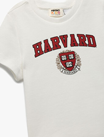 Lisanslı Harvard Baskılı Bisiklet Yaka Kısa Kollu Pamuklu Crop Tişört