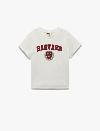 Lisanslı Harvard Baskılı Bisiklet Yaka Kısa Kollu Pamuklu Crop Tişört