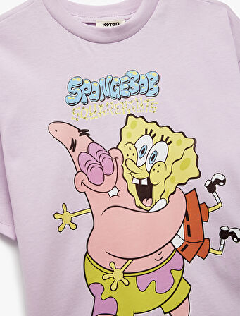  Pamuklu Sünger Bob Baskılı Kısa Kollu Bisiklet Yaka Lisanslı Tişört