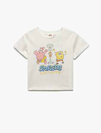 Lisanslı Sünger Bob Baskılı Kısa Kollu Bisiklet Yaka Pamuklu Crop Tişört