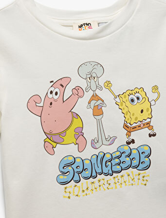 Lisanslı Sünger Bob Baskılı Kısa Kollu Bisiklet Yaka Pamuklu Crop Tişört