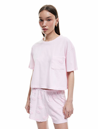 Pamuklu Bisiklet Yaka Kısa Kollu Çiçekli Şortlu Pijama Takımı