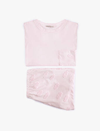 Pamuklu Bisiklet Yaka Kısa Kollu Çiçekli Şortlu Pijama Takımı