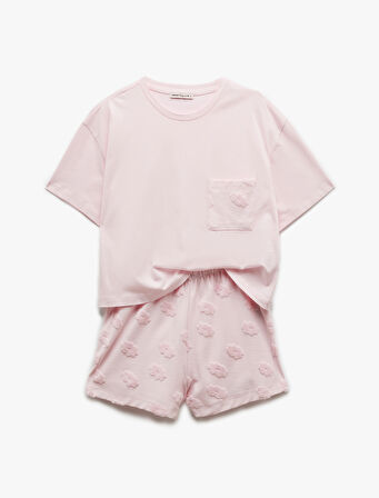 Pamuklu Bisiklet Yaka Kısa Kollu Çiçekli Şortlu Pijama Takımı