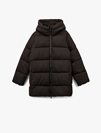 Fermuarlı Uzun Kollu Su İtici Kapüşonlu Oversize Şişme Mont