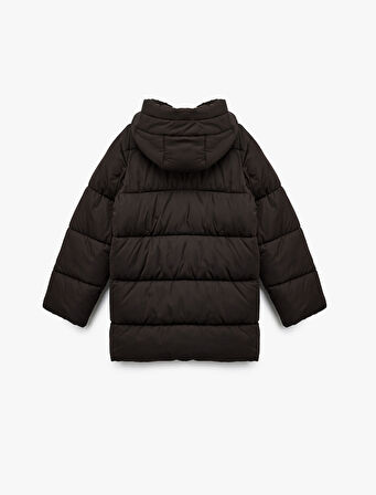 Fermuarlı Uzun Kollu Su İtici Kapüşonlu Oversize Şişme Mont