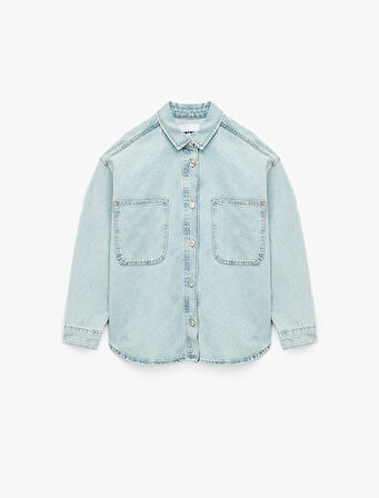 Pamuklu Düğmeli Rahat Kalıp Klasik Yaka Cep Detaylı Denim Gömlek