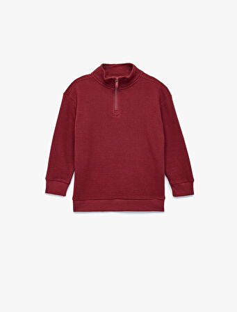 Dik Yaka Uzun Kollu Yarım Fermuarlı Pamuklu Sweatshirt