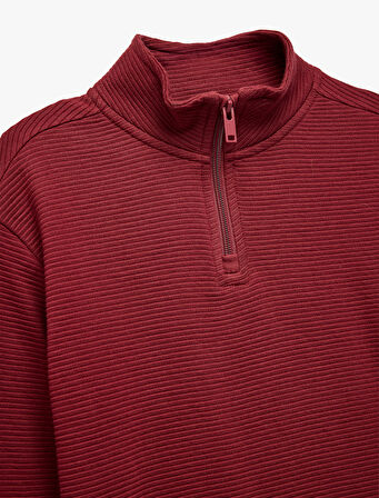 Dik Yaka Uzun Kollu Yarım Fermuarlı Pamuklu Sweatshirt