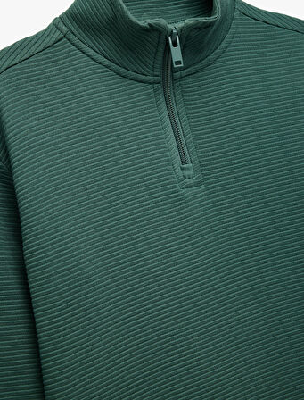 Dik Yaka Uzun Kollu Yarım Fermuarlı Pamuklu Sweatshirt