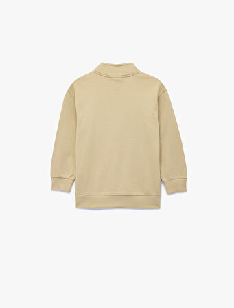 Dik Yaka Uzun Kollu Yarım Fermuarlı Pamuklu Basic Sweatshirt