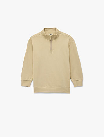 Dik Yaka Uzun Kollu Yarım Fermuarlı Pamuklu Basic Sweatshirt