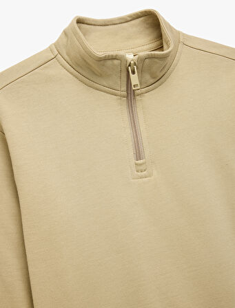 Dik Yaka Uzun Kollu Yarım Fermuarlı Pamuklu Basic Sweatshirt