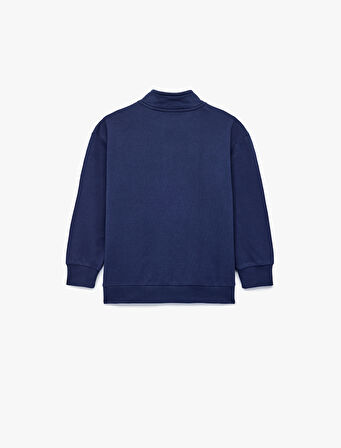 Dik Yaka Uzun Kollu Yarım Fermuarlı Pamuklu Basic Sweatshirt