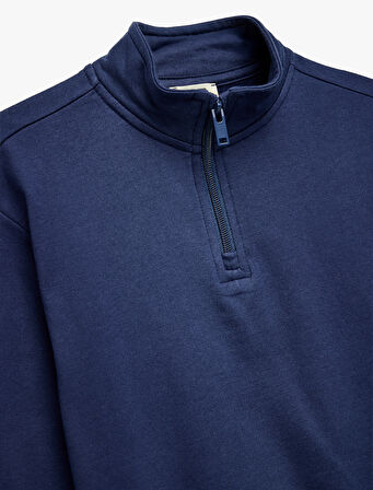 Dik Yaka Uzun Kollu Yarım Fermuarlı Pamuklu Basic Sweatshirt
