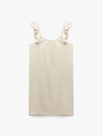 Viskon Keten Karışımlı Kare Yaka Fırfırlı Askılı Mini Elbise