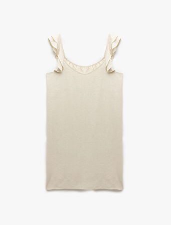 Viskon Keten Karışımlı Kare Yaka Fırfırlı Askılı Mini Elbise