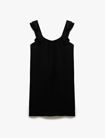 Viskon Keten Karışımlı Kare Yaka Fırfırlı Askılı Mini Elbise