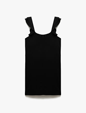 Viskon Keten Karışımlı Kare Yaka Fırfırlı Askılı Mini Elbise