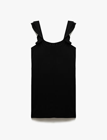 Viskon Keten Karışımlı Kare Yaka Fırfırlı Askılı Mini Elbise