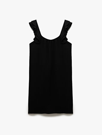 Viskon Keten Karışımlı Kare Yaka Fırfırlı Askılı Mini Elbise