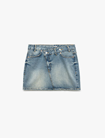 Pamuklu Asimetrik Düğmeli Cepli Denim Mini Etek